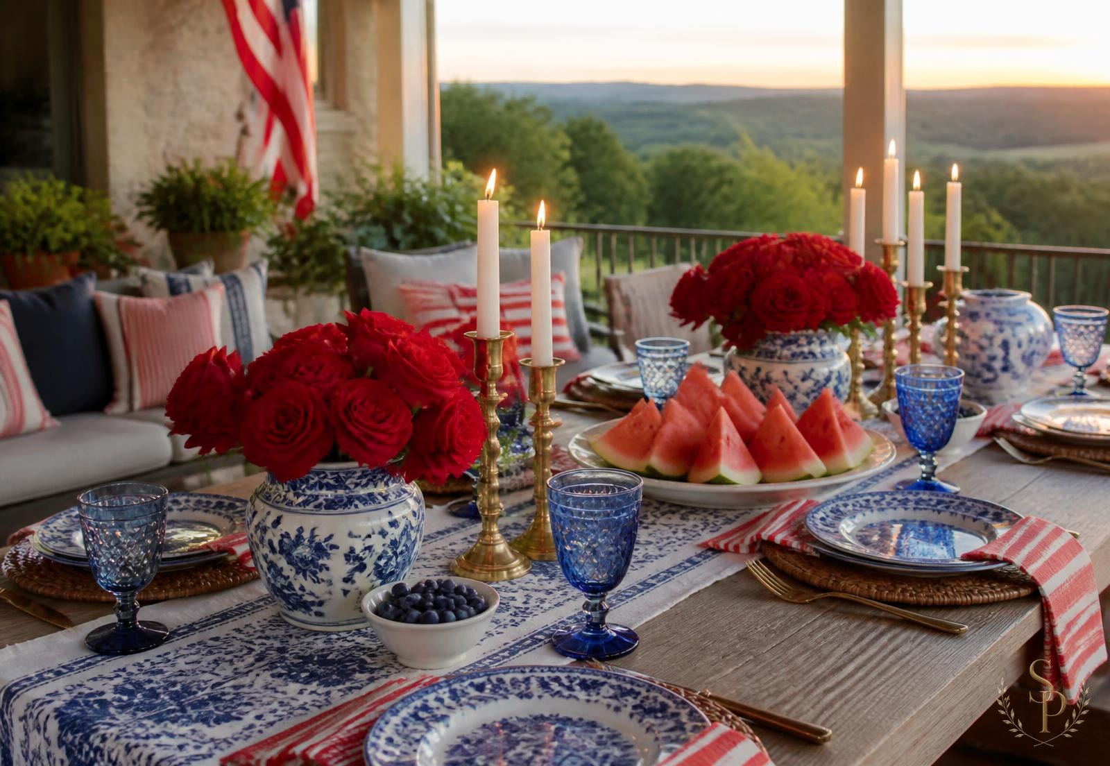 Fourth of July table on a Hill Country veranda with blue and white porcelain, red roses, brass candlesticks, and watermelon