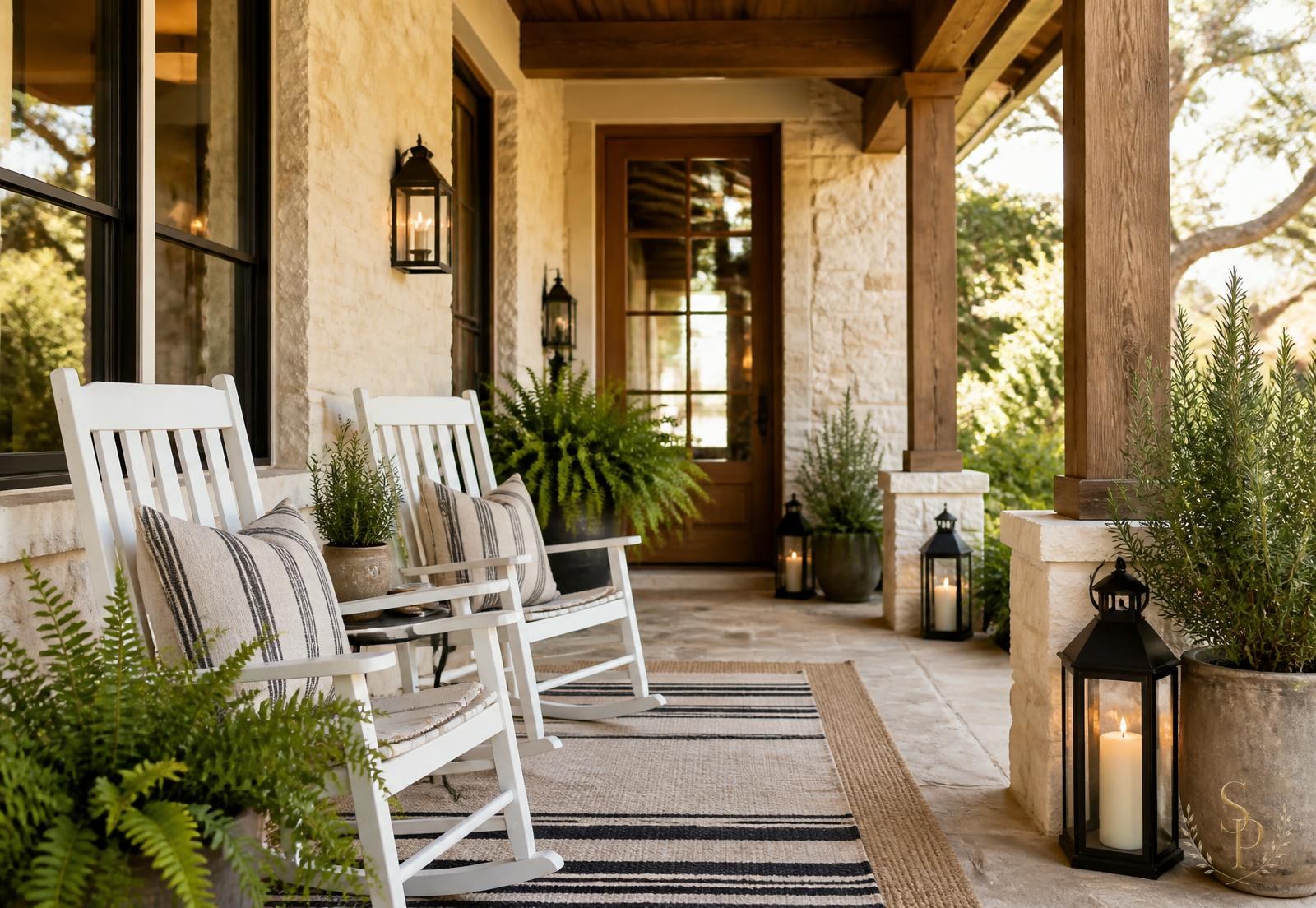 Texas front porch with white rocking chairs, striped pillows, layered jute rug, ferns, potted rosemary, and lanterns