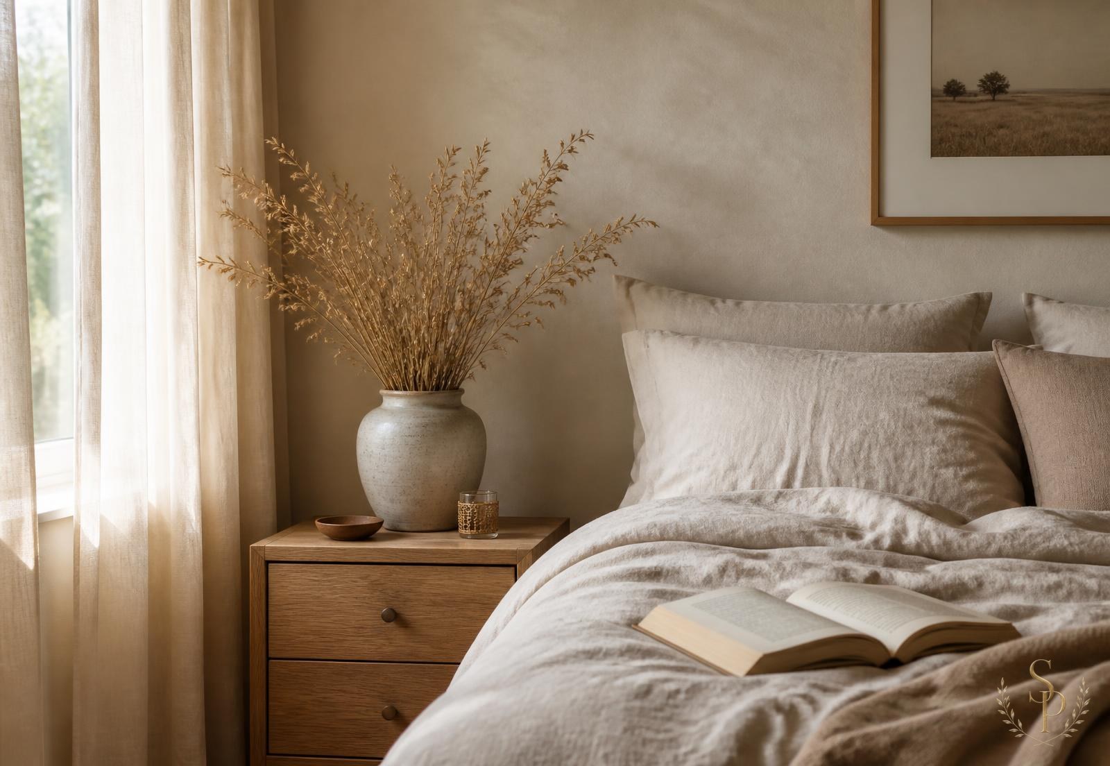 Serene neutral bedroom with linen bedding, plaster walls, oak nightstand, and soft light through sheer curtains
