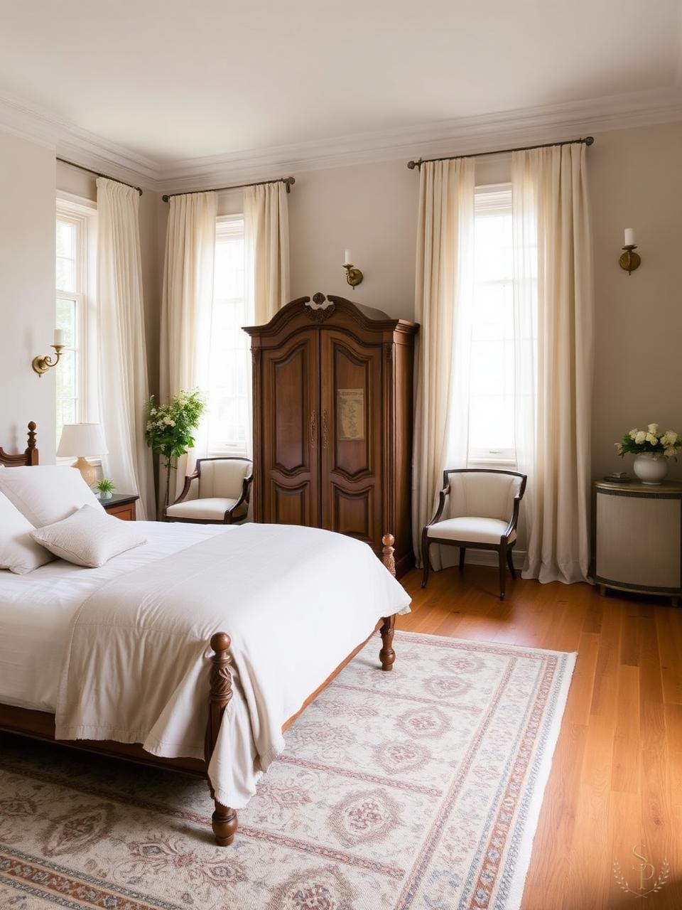 Neutral bedroom with layered bedding, upholstered headboard, and warm lamplight