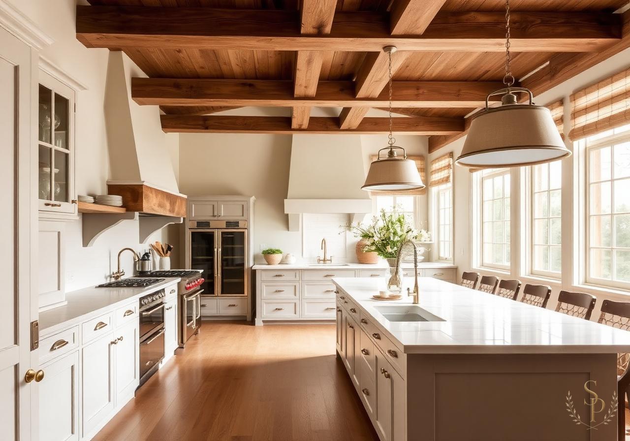 Sunlit kitchen with layered natural textures and open shelving