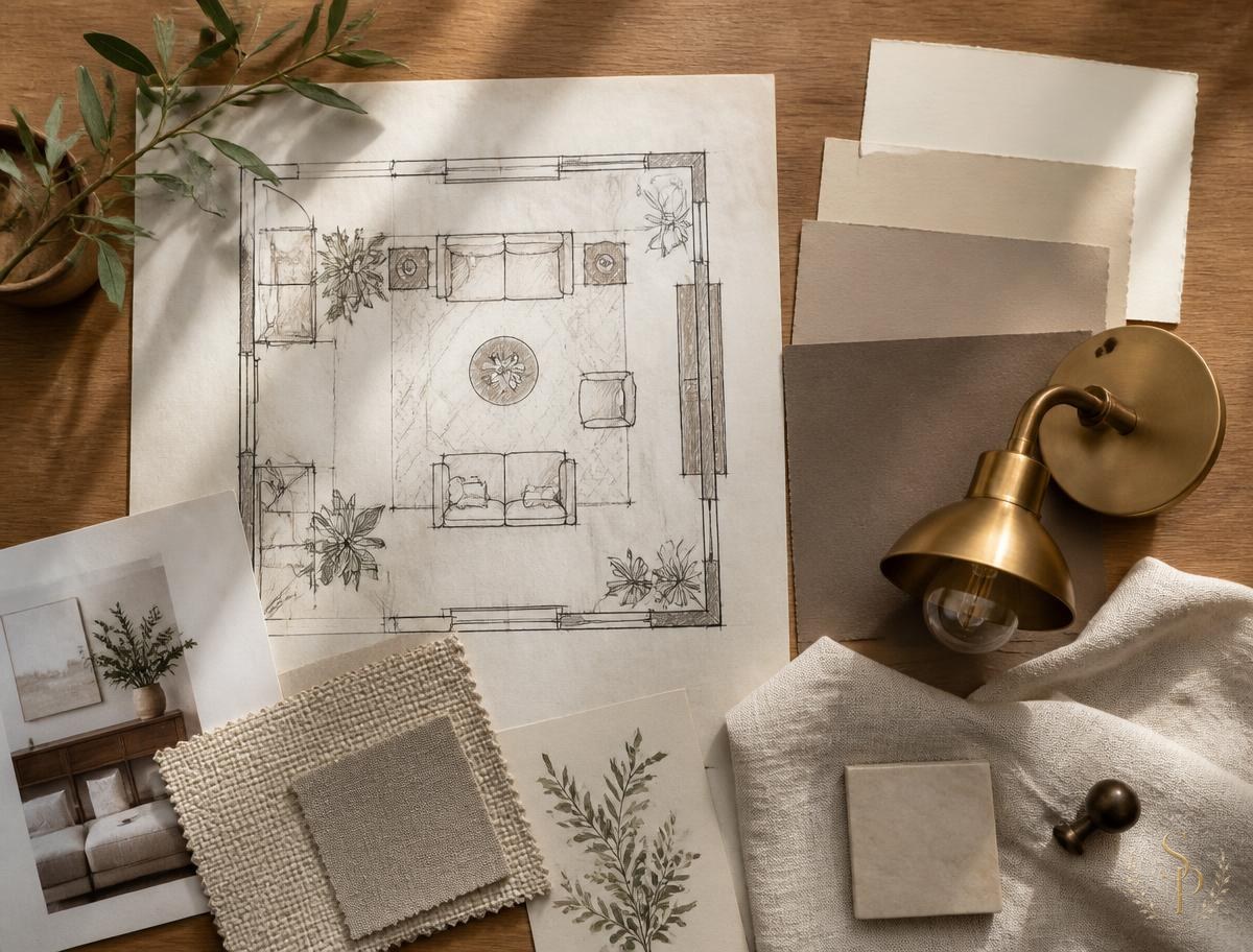 Design concept board with layouts, palette, and inspiration