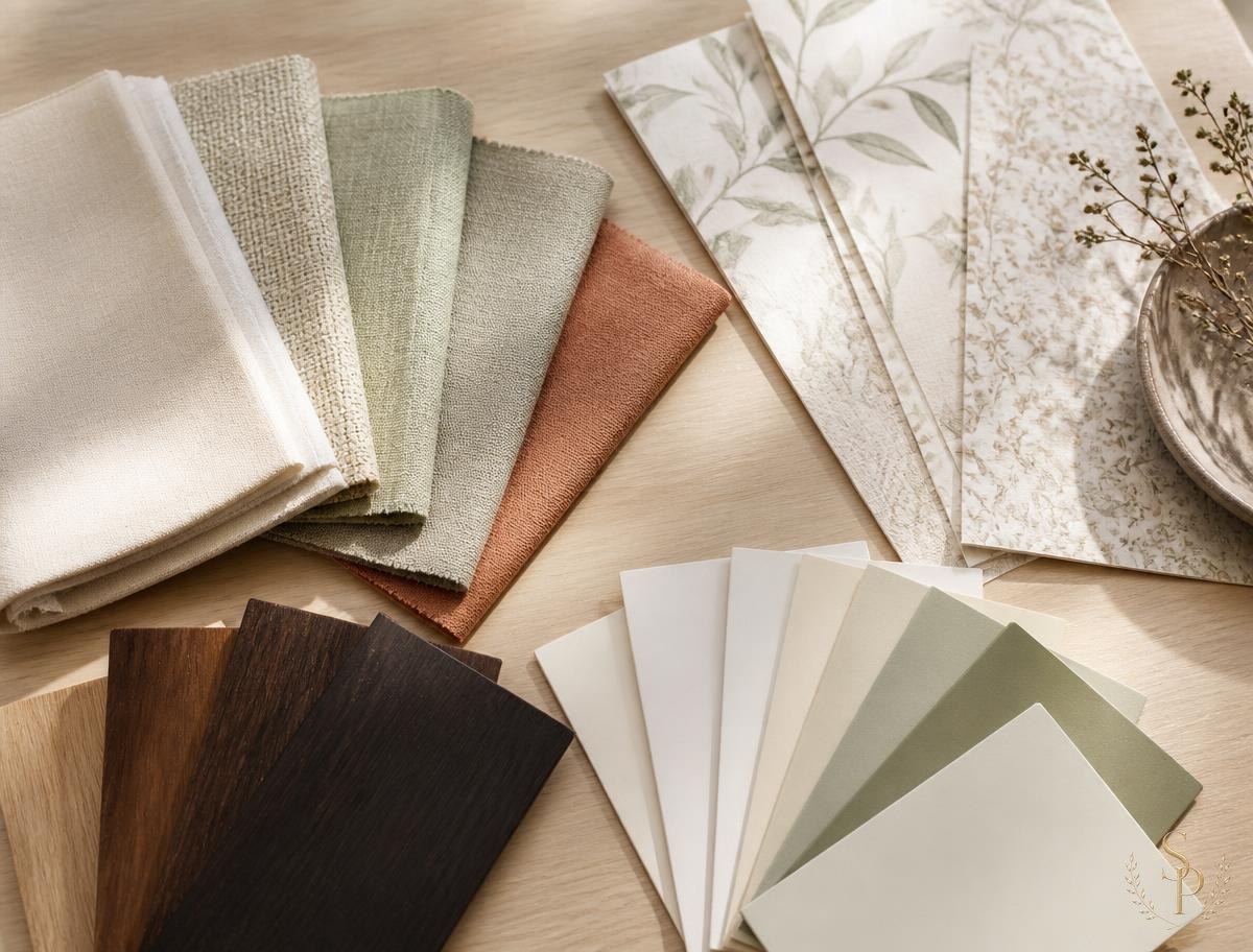 Paint, fabric, and finish samples laid out for final selections