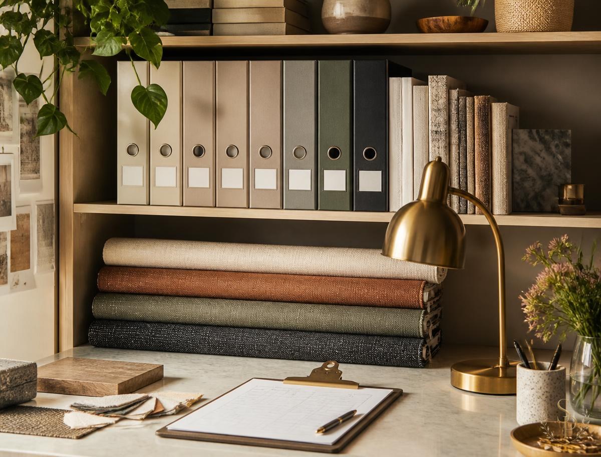 Project binders and fabric rolls used to track every order