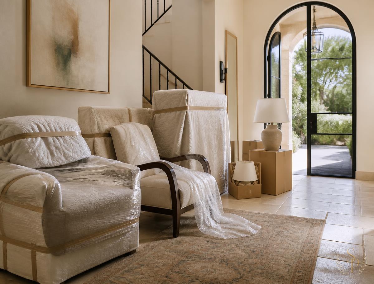 Wrapped furniture arriving and inspected in the entry hall