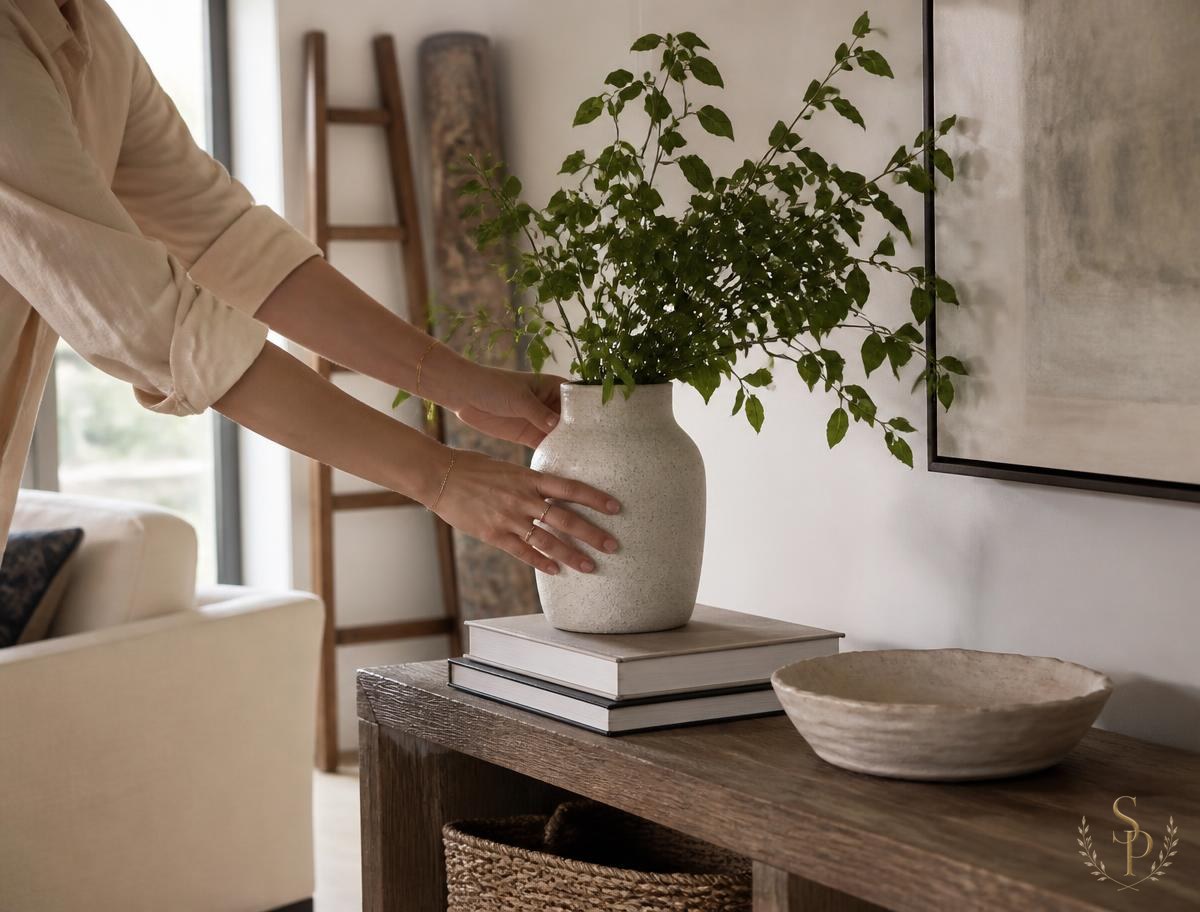 Designer styling a console table on installation day