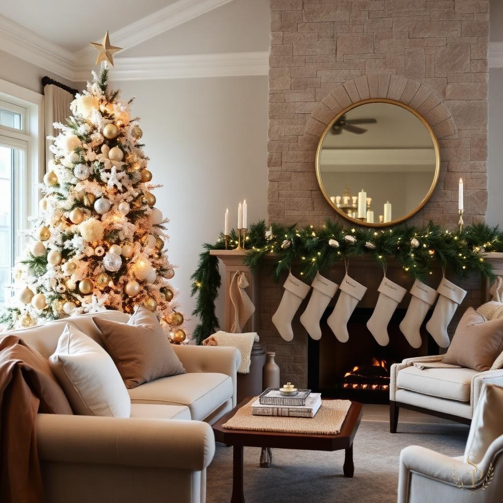 A refined Christmas living room with a flocked tree, mantel garland, and linen stockings