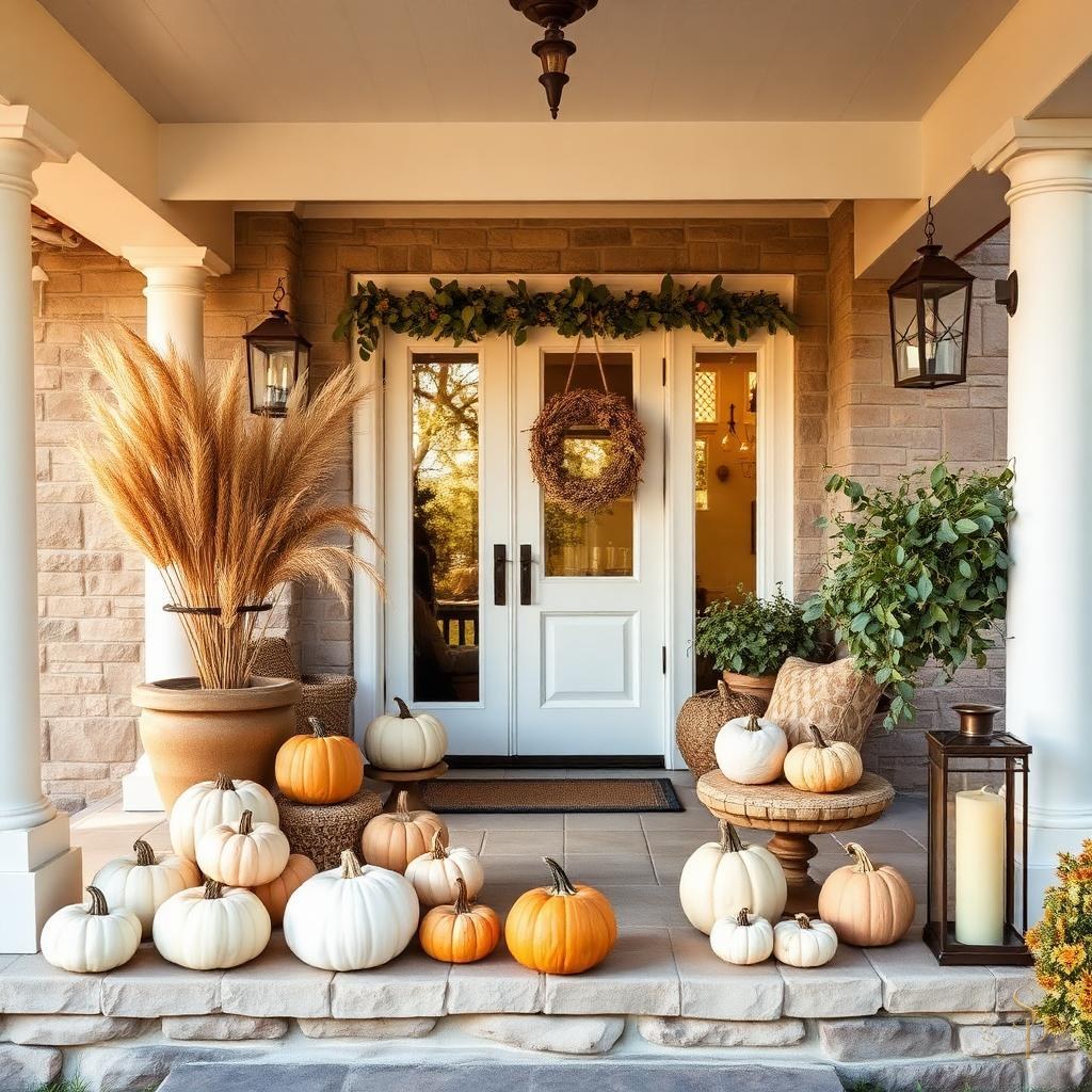 Front porch styled for fall with pumpkins, greenery, and lanterns
