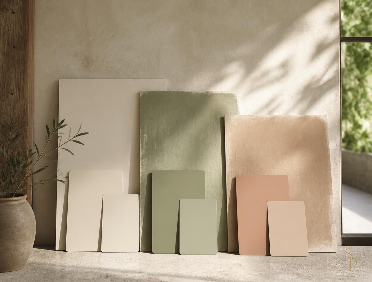 Paint sample boards in warm white, sage, and clay against a limewashed wall