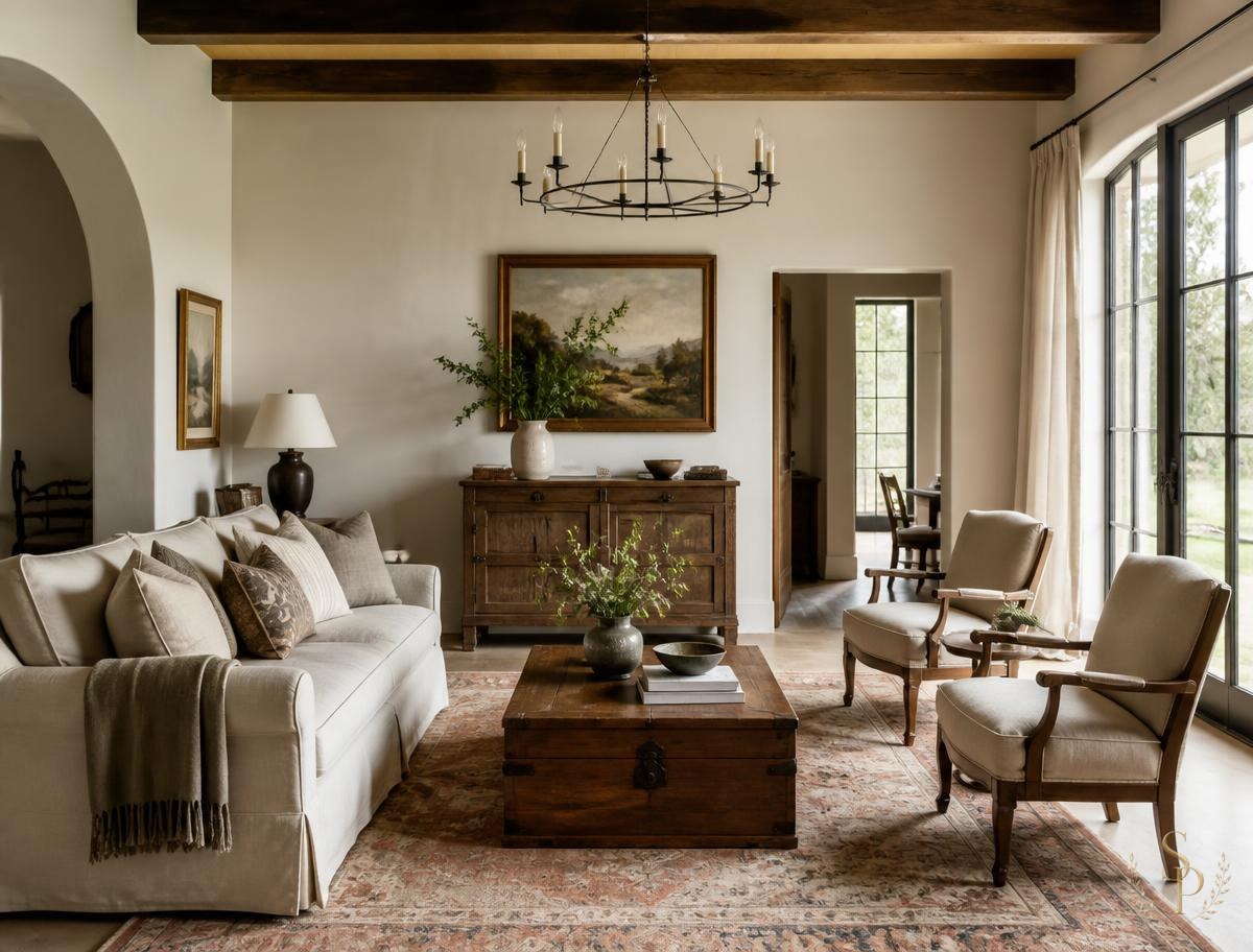 Hill Country living room with slipcovered sofa, antique chest, and vintage rug