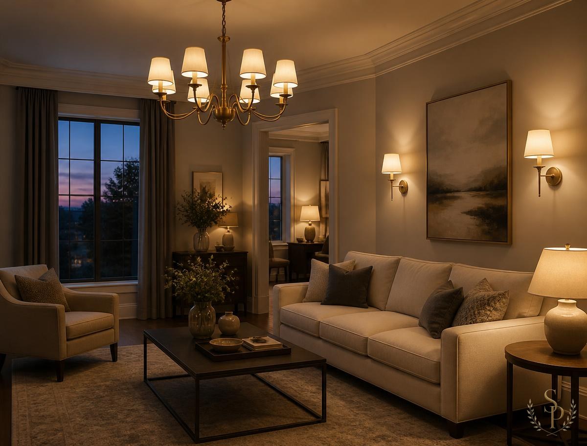 Layered lighting at dusk with brass chandelier, sconces, and table lamps