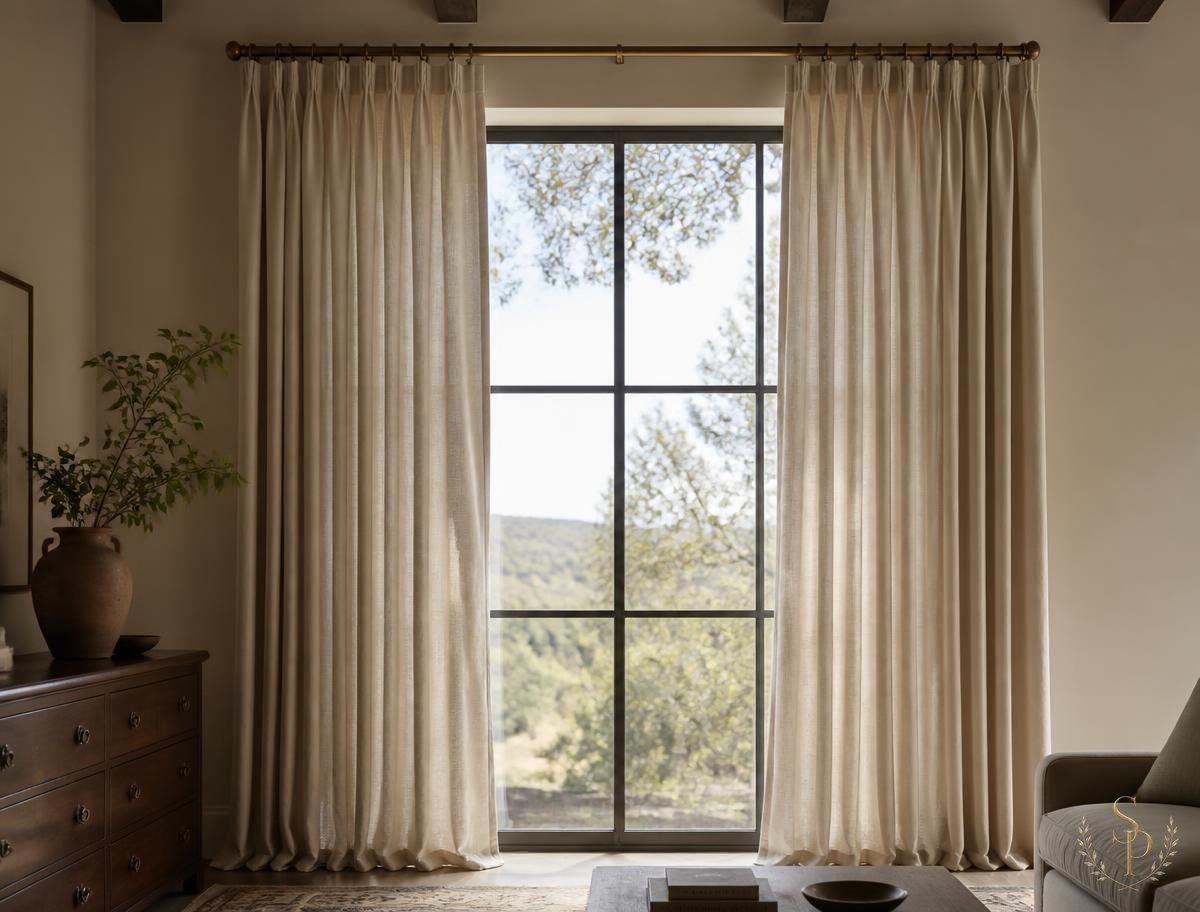 Floor-to-ceiling linen drapery on antique brass hardware framing a tall window