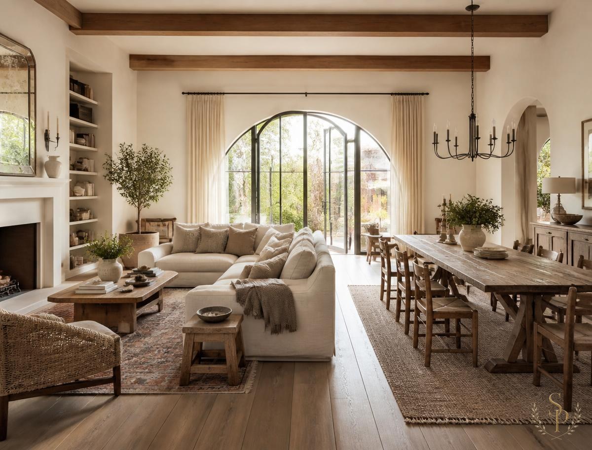 Fully designed great room and dining area with beams and layered rugs