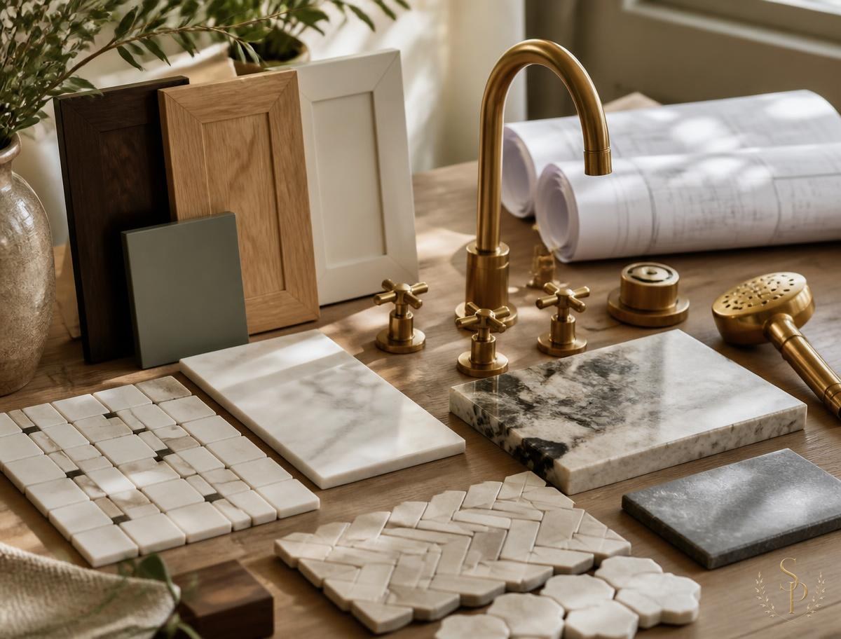 Tile, stone, cabinet finish samples, and brass plumbing fixtures with blueprints