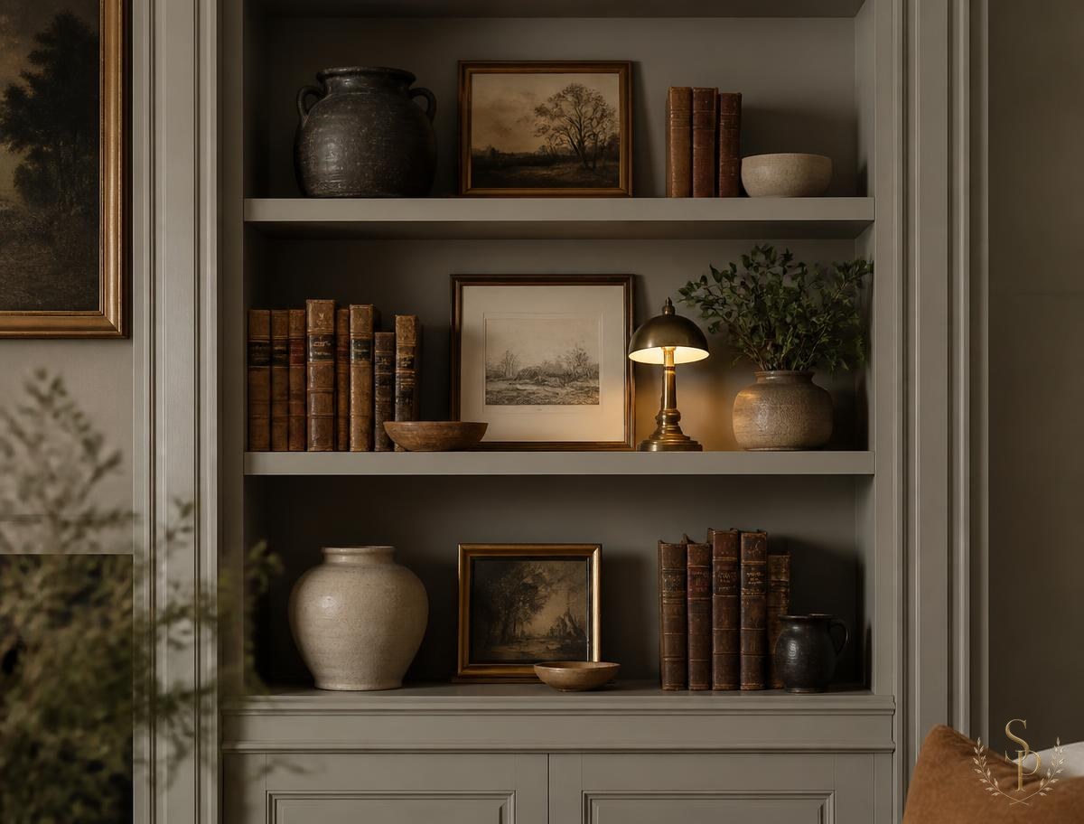 Styled built-in bookshelf with vintage books, ceramics, art, and a brass lamp