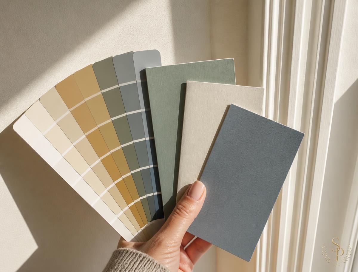 A fan deck of paint chips and painted sample boards held against a sunlit wall