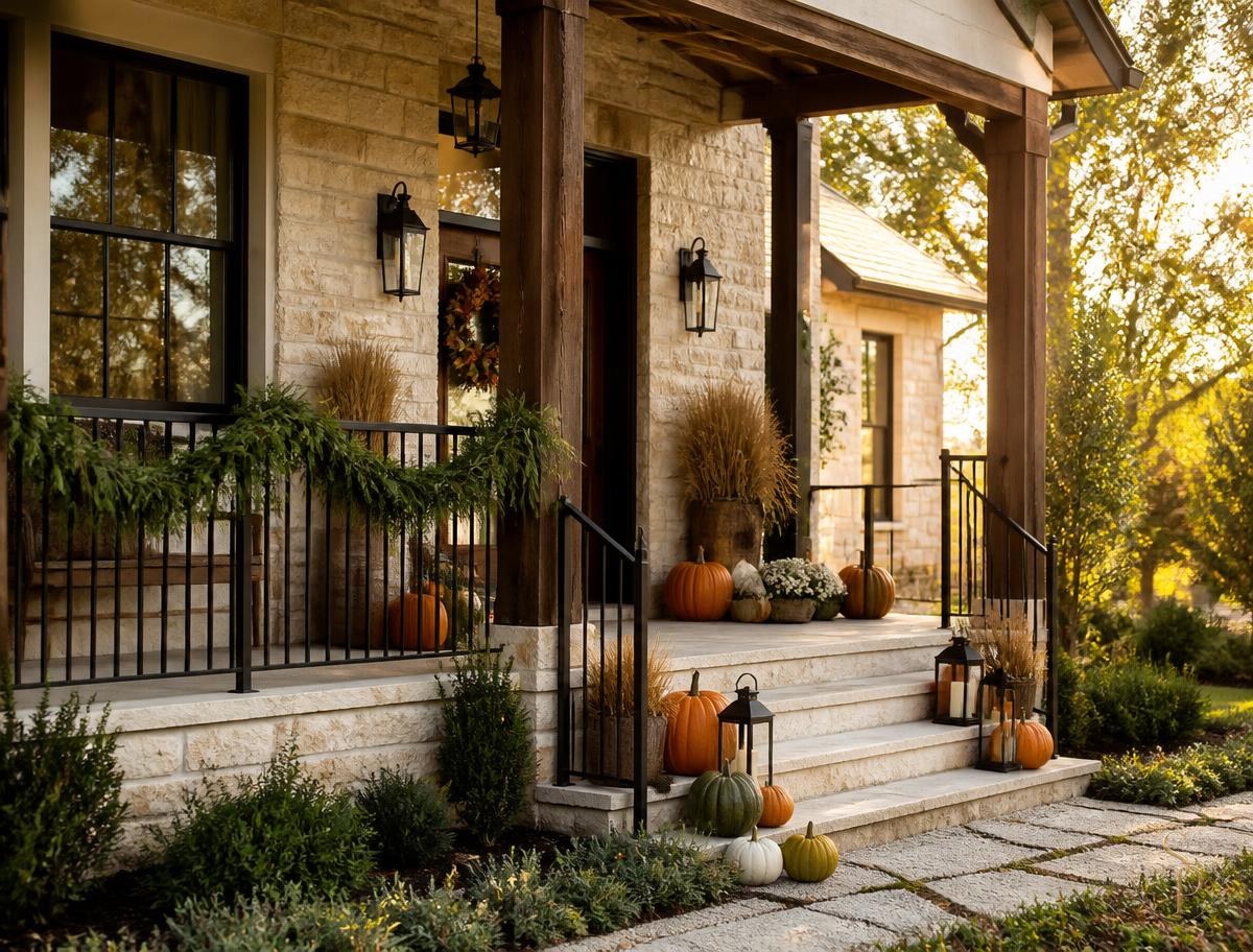 Limestone farmhouse porch styled for fall with pumpkins, wheat, and lanterns