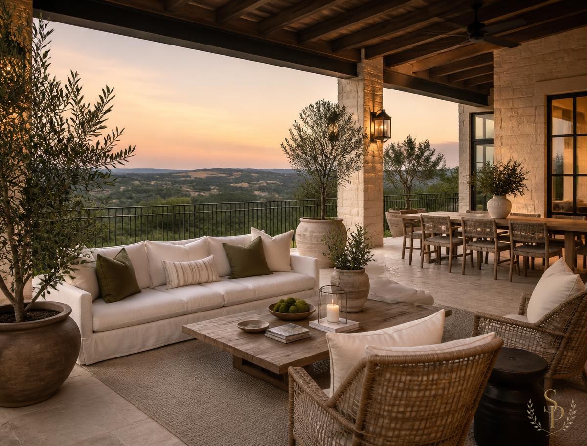 Covered limestone patio with outdoor sofas, woven chairs, and a Hill Country view