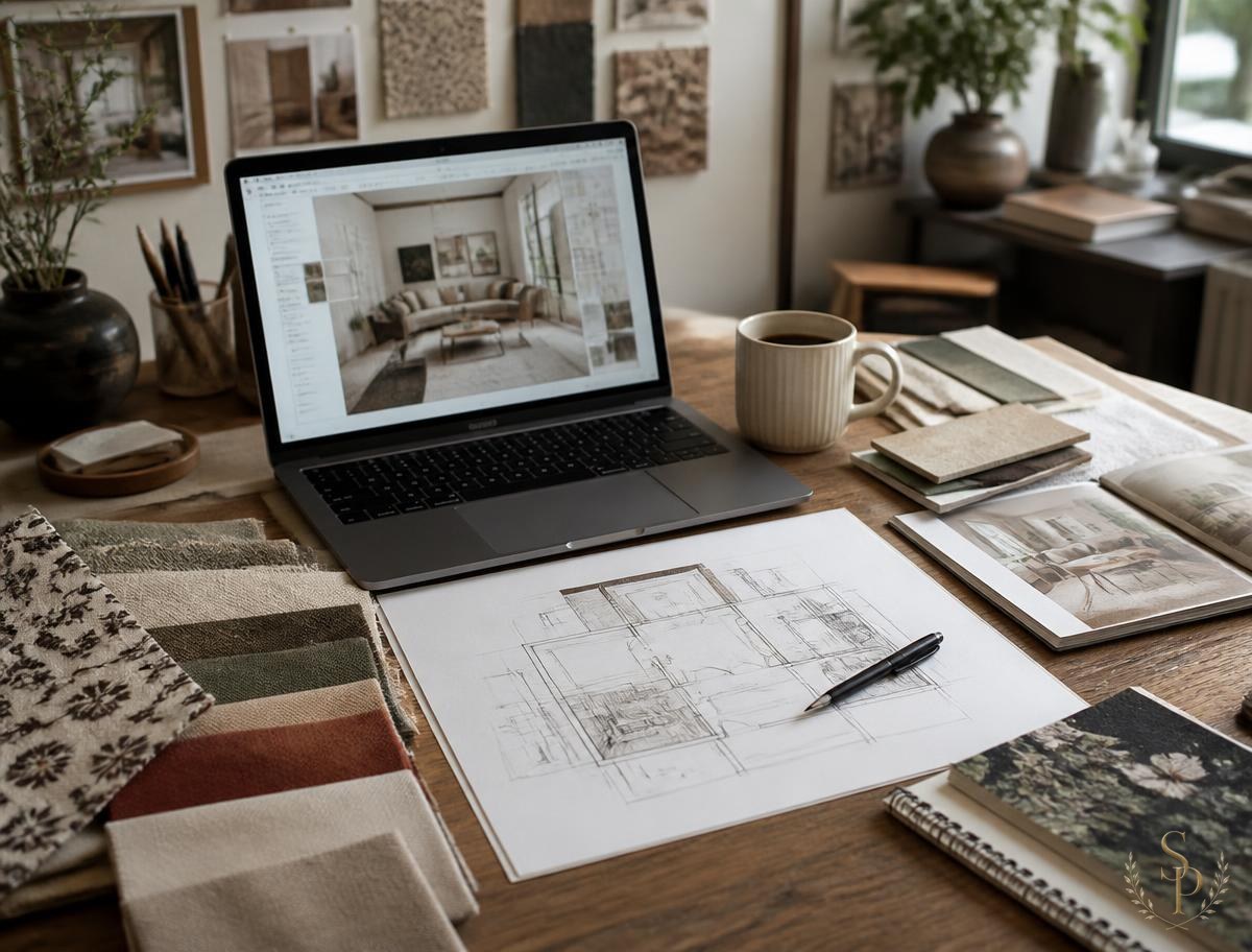Designer's desk with laptop, fabric swatches, and a hand-sketched floor plan